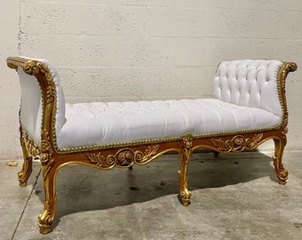 French Chaise Lounge Bench Vintage Gold Leaf Hand Carved Wood Frame Tufted White Vintage Furniture Vintage Chair Chaise