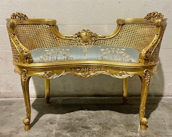 French Small Bench Vintage Gold Leaf Frame Damask Fabric Vintage Furniture Vintage Chair French Chair