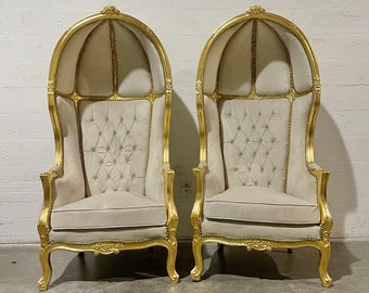 French Balloon Chair Ivory Throne Chair *2 Available in Stock* High-Back French Canopy Gold Leaf Chair Cream Velvet Interior Design