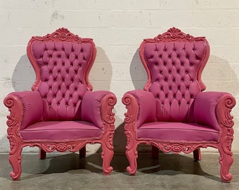 Pink Midsize Throne Chair Pink Leather *2 IN STOCK* French Throne Chair Throne Pink Leather Tufted Pink Throne Chair Rococo Vintage Chair