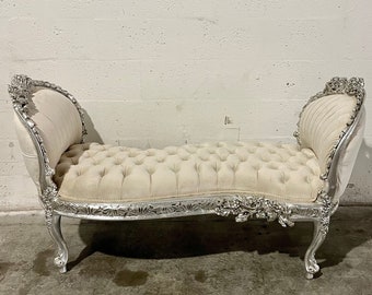 Vintage Marquis French Chair Tufted Bench Ivory Velvet French Bench Vintage Chair Vintage Furniture Chair Tufted Silver Frame Rococo