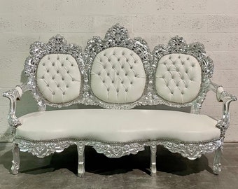 Silver Throne Chair White Leather Chair 4 Available French Tufted Chair Throne Chair Tufted Silver Frame Throne Chair Rococo Interior Design