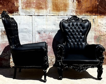 2 Left in Stock* Black Midsize Throne Chair Black Leather French Throne Chair Black Leather Tufted Black Throne Chair Rococo Vintage Chair