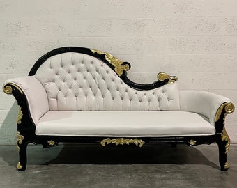 Rococo Chaise Lounge White Leather Vintage Settee French Furniture Vintage Baroque Settee Black Sofa Tufted Settee Leather French Sofa