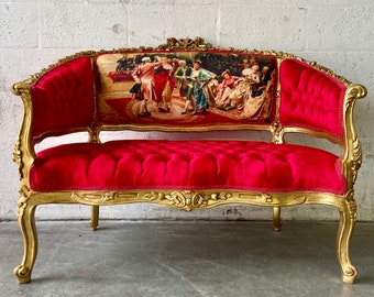 French Small Settee Bench Vintage Gold Leaf Hand Carved Wood Frame Tufted White Vintage Furniture Vintage Chair Chaise