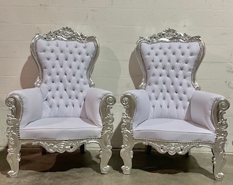 Silver Midsize Throne Chair White Leather *2 in Stock* French Throne Chair White Leather Tufted Silver Throne Chair Rococo Vintage Chair