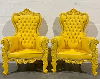 Yellow Midsize Throne Chair Yellow Leather 55" Tall *1 IN STOCK* French Throne Chair Yellow Tufted Yellow Throne Chair Rococo Vintage Chair