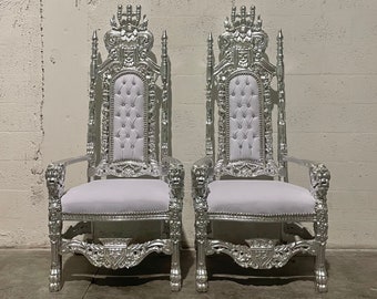 Throne Chair King Chair *2 In Stock* Silver Leaf White Leather Chair Crystal Tufted Vintage Furniture Baroque Rococo French Tufted Chair