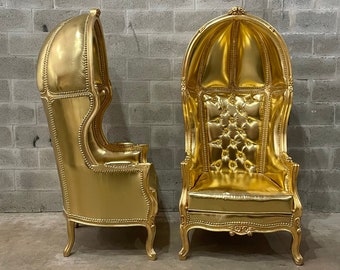 French Balloon Chair Throne Chair *2 Available* High-Back French Canopy Gold Chair Gold Leather Interior Design