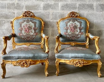 Blue Chair Damask Fabric Chair Vintage Furniture French Chair Rococo Chair Tufted Gold Throne Chair Rococo Vintage Chair Baroque