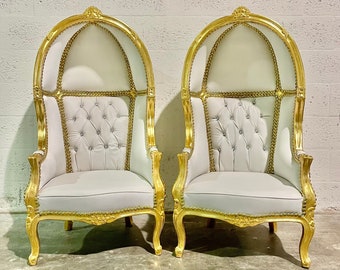 Gold Children Balloon Throne Chair White Leather *2 LEFT* French Children Chair Throne White Leather Tufted Gold Throne Chair Rococo Vintage