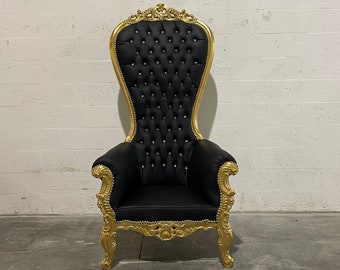 Gold Throne Chair Black Leather *1 LEFT* Chair French Tufted Chair Throne Black Leather Chair Tufted Gold Frame Throne Chair Rococo