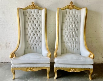 White Throne Chair 73"H White Leather Chair *2 LEFT* French Chair Throne White Leather Chair Tufted Gold Throne Chair Rococo Vintage Chair