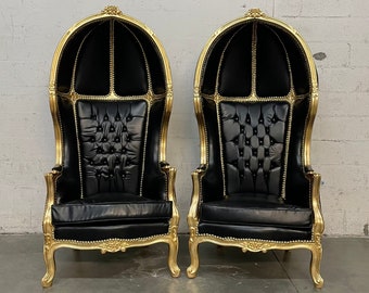 French Balloon Chair Throne Chair *2 Available* Reproduction Black Leather Chair Tufted Gold Frame French Rococo Interior Design
