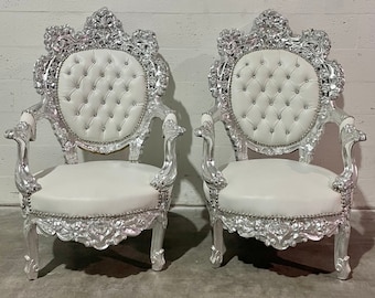 Silver Throne Chair White Leather Chair 4 Available French Tufted Chair Throne Chair Tufted Silver Frame Throne Chair Rococo Interior Design