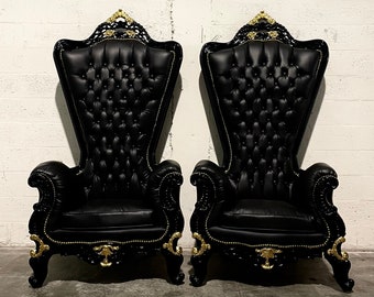 2 in STOCK* Black Throne Chair Black Leather Chair French Tufted Chair Throne Black Leather Chair Tufted Gold Accents Throne Chair Rococo