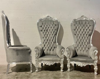 Silver Throne Chair Gray Velvet Chair French Tufted Chair Throne Grey Velvet Chair Tufted Silver Frame Throne Chair Rococo Interior Design