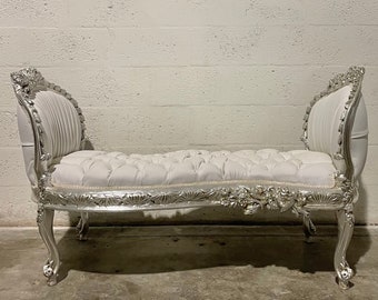 Vintage Marquis French Chair Tufted Bench White Leather French Bench Vintage Chair Vintage Furniture Chair Tufted Silver Frame Rococo