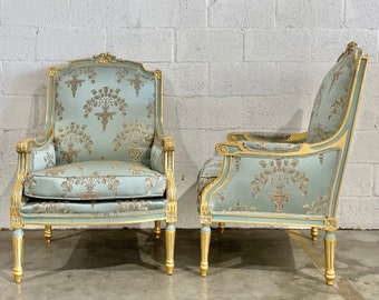 French Chair Light Blue Green Vintage Chair New Upholstery Damask Fabric Furniture Baroque Rococo Interior Design Vintage Furniture