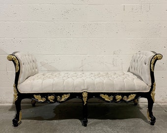 French Bench Double SeaterBlack Finish/Hand Carved Wood Frame/ Tufted Beige Velvet Vintage Furniture Vintage Chair Antique Interior Design