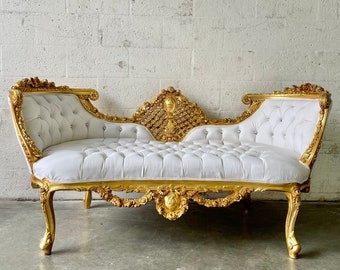 French Small Settee Bench Vintage Gold Leaf Hand Carved Wood Frame Tufted White Vintage Furniture Vintage Chair Chaise