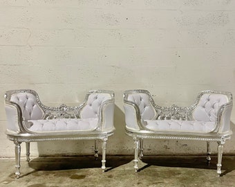 French Tufted Bench Silver Leaf Chair French Bench Tufted Bench Vintage Furniture Antique Baroque Furniture Rococo Interior Design Vintage