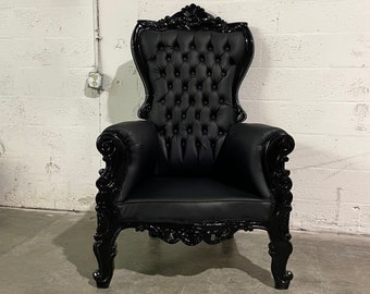 2 Left in Stock* Black Midsize Throne Chair Black Leather French Throne Chair Black Leather Tufted Black Throne Chair Rococo Vintage Chair