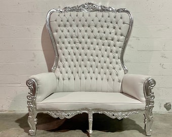 Silver Throne Chair Double Throne 2 Seater White Leather Chair *1 Left* French Tufted Chair Throne Chair Tufted Silver Frame Rococo