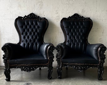 2 Left in Stock* Black Midsize Throne Chair Black Leather French Throne Chair Black Leather Tufted Black Throne Chair Rococo Vintage Chair