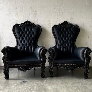 2 Left in Stock* Black Midsize Throne Chair Black Leather French Throne Chair Black Leather Tufted Black Throne Chair Rococo Vintage Chair