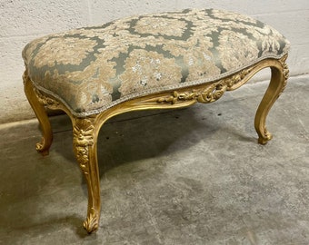 French Small Bench Vintage Gold Leaf Frame Damask Fabric Vintage Furniture Vintage Chair French Chair