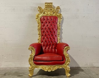 ExtraKing Red Throne Chair 75"H Red Leather Chair 2 LEFT French Chair Throne Red Leather Chair Tufted Gold Throne Chair Rococo Vintage Chair