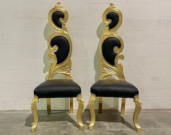 Italian Baroque Throne Chair *2 in Stock* High Back Reproduction Gold Black Leather Chair French Furniture French Chair Rococo Furniture