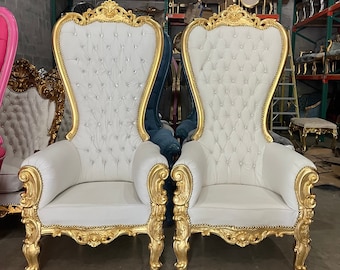 White Throne Chair White Leather Chair *2 LEFT* French Chair Throne White Leather Chair Tufted Gold Throne Chair Rococo Vintage Chair