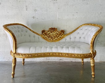 French Small Settee Bench Vintage Gold Leaf Hand Carved Wood Frame Tufted White Vintage Furniture Vintage Chair Chaise