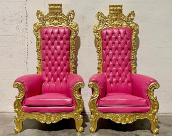 Pink Throne Chair 77"H Pink Leather Chair *2 LEFT* French Chair Throne Pink Leather Chair Tufted Gold Throne Chair Rococo Vintage Chair