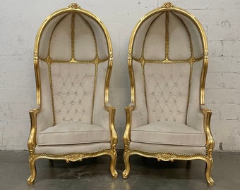 French Balloon Chair Throne Chair *2 Left in Stock* High-Back French Canopy Gold Chair Tufted Beige Off-White Velvet Interior Design