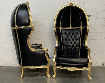 French Balloon Chair Throne Chair *3 Available* Reproduction Black Leather Chair Tufted Gold Frame French Rococo Interior Design