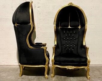 French Balloon Chair Throne Chair *2 Available* Reproduction Black Velvet Chair Tufted Gold Frame French Rococo Interior Design