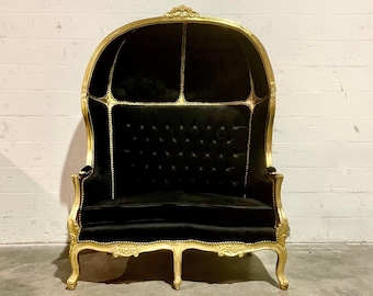 French Balloon Chair *IN STOCK Fast Shipping* Doom Buggy Haunted Mansion Canopy Chair *Double Seat* Gold Frame + Black Velvet Chair Tufted