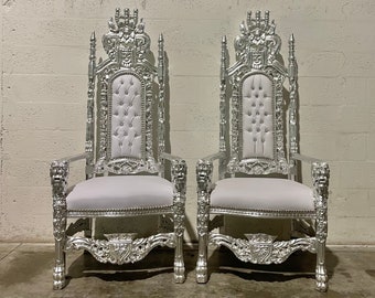 Throne Chair King Chair *2 In Stock* Silver Leaf White Leather Chair Crystal Tufted Vintage Furniture Baroque Rococo French Tufted Chair