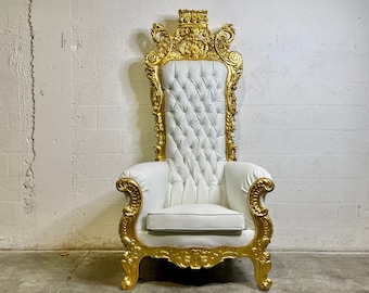 White Throne Chair 75"H White Leather Chair *2 LEFT* French Chair Throne White Leather Chair Tufted Gold Throne Chair Rococo Vintage Chair