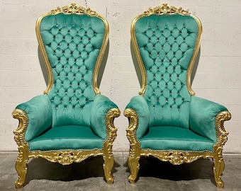 Gold Throne Chair Green Velvet Chair *2 LEFT* French Chair Throne Green Velvet Chair Tufted Gold Throne Chair Rococo Vintage Chair