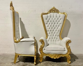 White Throne Chair White Leather Chair *2 LEFT* French Chair Throne White Leather Chair Tufted Gold Throne Chair Rococo Vintage Chair