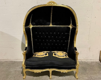 French Balloon Chair *IN STOCK Fast Shipping* Dune Buggy Canopy Chair *Double Seat* Gold Frame + Black Velvet Chair Tufted French Furniture