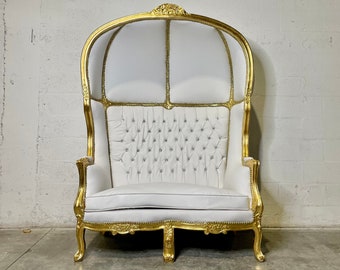 French Balloon Chair Canopy Chair *Double Seat* Reproduction White Leather Chair Tufted Gold Leaf French Furniture Rococo Interior Design