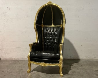 French Balloon Chair Throne Chair *1 LEFT* Reproduction Black Leather Chair Tufted Gold Frame French Rococo Interior Design