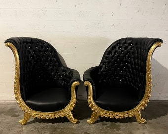 French Chair Tufted Chair Black Leather *2 Chairs Left* French Chair Vintage Chair Vintage Furniture Chair Tufted Rococo Interior Design