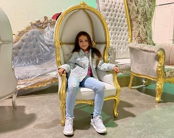 Gold Children Balloon Throne Chair White Leather *2 LEFT* French Children Chair Throne White Leather Tufted Gold Throne Chair Rococo Vintage