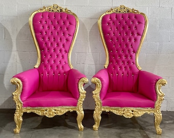 Pink Throne Chair 72"H Pink Leather Chair *2 LEFT* French Chair Gold Throne Pink Leather Chair Tufted Pink Throne Chair Rococo Vintage Chair